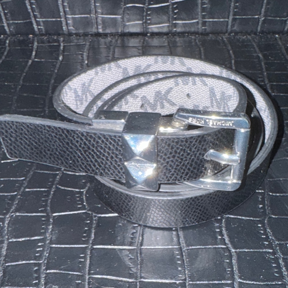 Michael Kors Black Leather Logo-Print Reversible Belt with Silver Studs